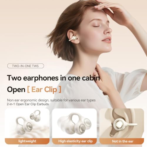 Wireless Clip-On Open Earbuds, Butterfly Earring Bluetooth Headphones with Heart-Shaped Charging Case & Makeup Mirror, 42H Playtime, Lightweight Earphones for Women, Sports, Gifts - color: Beige