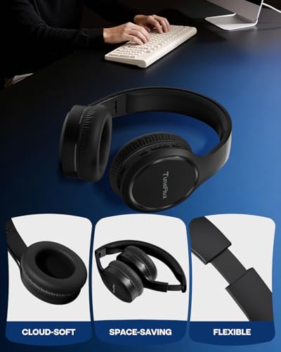 TuneFlux Bluetooth Headphones,70H Playtime Bluetooth 6.0 Wireless Headphones,3 EQ Music Modes Foldable Lightweight Over Ear Headset with Clear Call,HiFi Deep Bass for Home Office Travel (Black) - color: Black