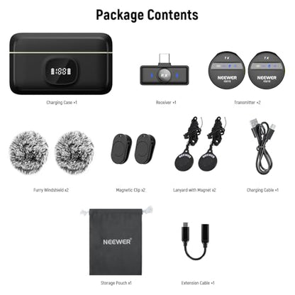 NEEWER Wireless Lavalier Microphone System Compatible with iPhone Android Phone PC Laptop Computer, Noise Cancelling Mini Lapel Mic Set with USB C OTG Charging Case 24H Battery 200m Long Range, KM18