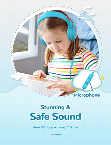 iClever HS14 아동용 헤드폰, 코드 포함, 오버이어 유아 남아 여아용 | SafeSound Tech, 스테레오 사운드, 접이식, 오버 이어 유아용 헤드폰, 어린이/학교/태블릿/여행용 내구성 있는 헤드폰 - color: 하늘색