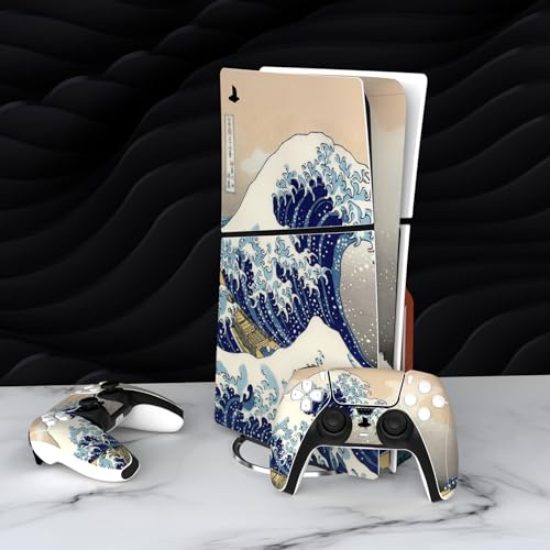 PlayVital Full Set Skin Sticker for ps5 Slim Console Disc Edition (The New Smaller Design), Vinyl Skin Decal Cover for ps5 Controller & Headset & Charging Station & Media Remote - The Great Wave - color: The Great Wave