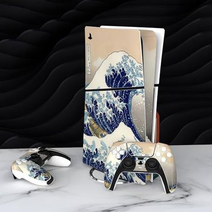 PlayVital Full Set Skin Sticker for ps5 Slim Console Disc Edition (The New Smaller Design), Vinyl Skin Decal Cover for ps5 Controller & Headset & Charging Station & Media Remote - The Great Wave - color: The Great Wave