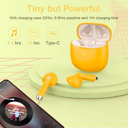 Wireless Earbuds, Bluetooth 5.4 Headphones in Ear with Noise Cancelling Mic | Bluetooth Earbuds Stereo Bass, IP7 Waterproof Sports Earphones, 32H Playtime USB C Charging Ear Buds Yellow for Android iOS - color: butter yellow