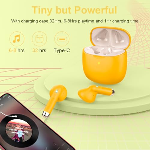 Wireless Earbuds, Bluetooth 5.4 Headphones in Ear with Noise Cancelling Mic | Bluetooth Earbuds Stereo Bass, IP7 Waterproof Sports Earphones, 32H Playtime USB C Charging Ear Buds Yellow for Android iOS - color: butter yellow
