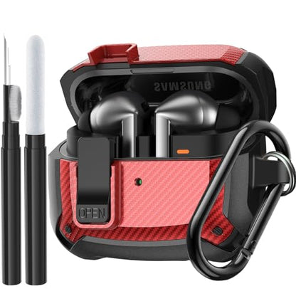 Compatible Samsung Galaxy Buds 3 Pro Case/Bud 3 Cover Clip with Cleaner Kit, Military Shell Protective Armor Case Cover with Lock & Carabiner for Galaxy Buds 3/3 Pro 2024 Men Women Black Red - color: Black-Red