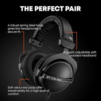 beyerdynamic DT 770 PRO, 250 Ohm, Closed Back, Over Ear, Wired Professional Studio Headphones, Audio Monitors, Audiophile, 3m Coiled Cable, Black with Limited Edition Black Velour Ear Pads | Closed Back, Over Ear, Wired Professional Audio Monitors, Audiop