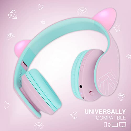 PowerLocus Kids Headphones Over-Ear, Bluetooth Wireless Headphones for Kids,with Microphone, Safe 85DB Volume Limited, Foldable with Carry Case, Audio Cable, Micro SD mode for Online Classes,PC,Phones - color: Pink/Teal