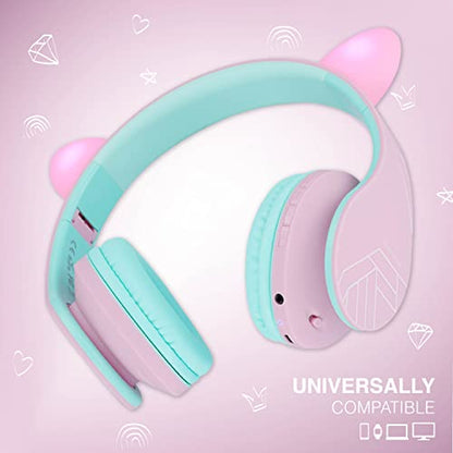 PowerLocus Kids Headphones Over-Ear, Bluetooth Wireless Headphones for Kids,with Microphone, Safe 85DB Volume Limited, Foldable with Carry Case, Audio Cable, Micro SD mode for Online Classes,PC,Phones - color: Pink/Teal