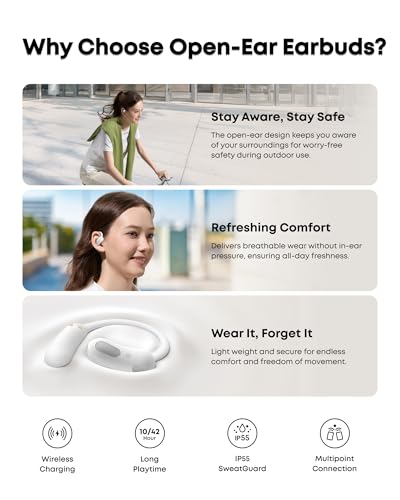 Soundcore AeroFit 2 by Anker Open Ear Earbuds, Open Ear Headphones, Earbuds | Real-Time Translation, 4 Adjustable Positions, 42H Playtime, Rich Bass, Hi-Res, IP55, AI Clear Calls, Wireless Charging - color: White, style: Standard
