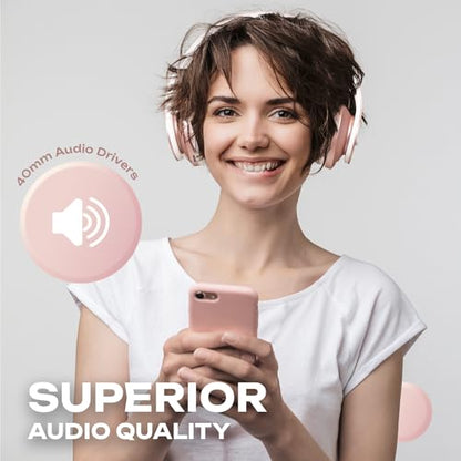 PowerLocus Wireless Bluetooth Over-Ear Stereo Foldable Headphones, Wired Headsets with Built-in Microphone for iPhone, Samsung, LG, iPad (Rose Gold) - color: Rose Gold