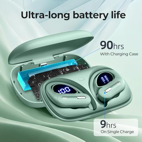 Bluetooth 5.3 Wireless Earbuds with 90H Playtime, Over-Ear Headphones with Earhooks, Wireless Charging Case, LED Display, Waterproof Sports Earphones for Workout, Running