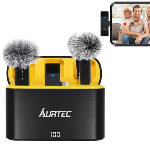 2 Pack Wireless Lavalier Microphone for iPhone iPad, Lightning Plug Play Lapel Mic with Charging Case, Noise Cancellation 100FT Range 54H Battery for Live Stream Vlog TikTok