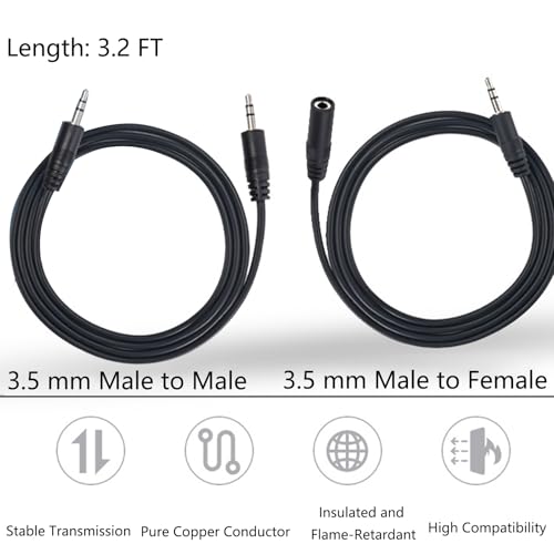 2-Pack 3.2ft 3.5mm AUX Stereo Extension Cable Male to Female, Slim Connector Compatible with iPhone, iPod, MP3 Player, Headphones, Car Stereo