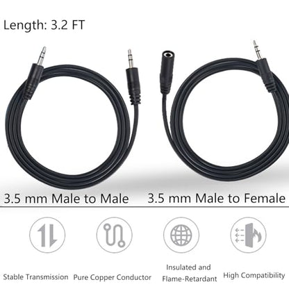2-Pack 3.2ft 3.5mm AUX Stereo Extension Cable Male to Female, Slim Connector Compatible with iPhone, iPod, MP3 Player, Headphones, Car Stereo
