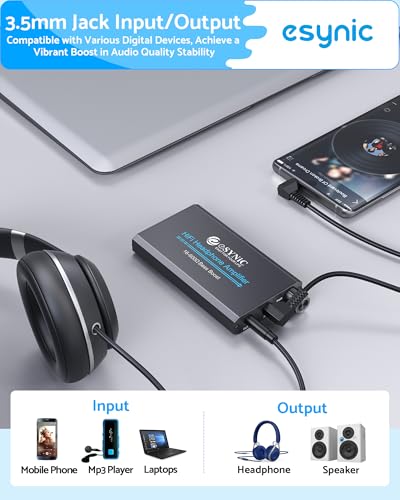 eSynic 16-600Ω Bass Headphone Amp Portable - HiFi 3.5MM Audio Headphone Amplifier Rechargeable with Bass Switch-Aluminum Alloy Case &12H Playtime-0.005% THD for MP3/Phone/PC/Laptop/Car (3.5mm AUX)