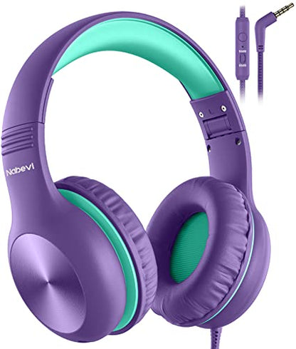 Nabevi Headphones for Kids for School, Kids Headphones with Microphone, Sharing Function, 85dB/94dB Safe Volume Limit, HD Sound, Over Ear Kid Headphone for School, On-line Study, Travel, Purple - color: Purple