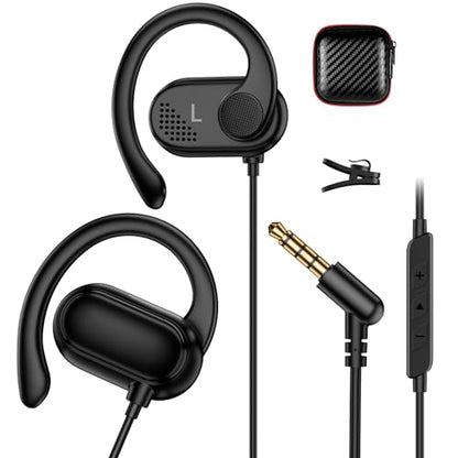 Open Ear Wired Earbuds 3.5mm Headphone with Mic Right Angled Ear Hook Black | In Line Control Hifi Stereo AUX 3.5mm Jack Sport Corded Earphone for iPod CD Player Android Phone Travel Airplane Work School