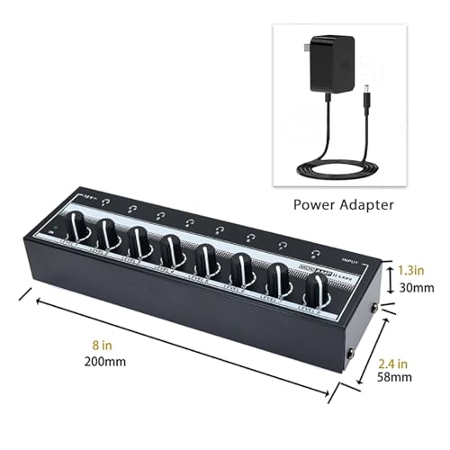 Portable Metal Stereo Headphone Amplifier with 8 Outputs, 1 Input, 12V Power Adapter, Mini Headphone Splitter for Studio/Stage, 100-240V US Plug