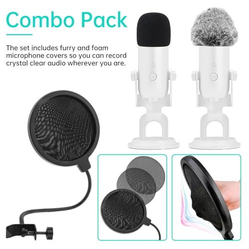 3 in 1 Microphone Windscreen Pop Filter Set Compatible with Blue Yeti,Yet-i Pro,Yet-i Nano Mic Windscreen Foam Cover Furry Dead Cat Dual Layered Noise Reduction Windshield