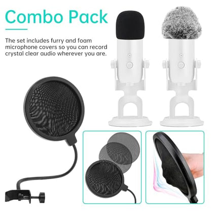 3 in 1 Microphone Windscreen Pop Filter Set Compatible with Blue Yeti,Yet-i Pro,Yet-i Nano Mic Windscreen Foam Cover Furry Dead Cat Dual Layered Noise Reduction Windshield