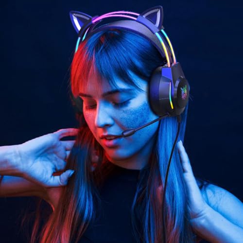 Gaming Headset with Microphone, Cat Ear Headphones for PC Laptop PS4 PS5 Xbox Switch, Rainbow RGB Lighting & Virtual Surround Sound, 3.5mm Wired Over Ear Headphones, Ergonomic - color: Black Cat Ear
