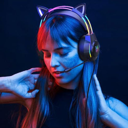 Gaming Headset with Microphone, Cat Ear Headphones for PC Laptop PS4 PS5 Xbox Switch, Rainbow RGB Lighting & Virtual Surround Sound, 3.5mm Wired Over Ear Headphones, Ergonomic - color: Black Cat Ear