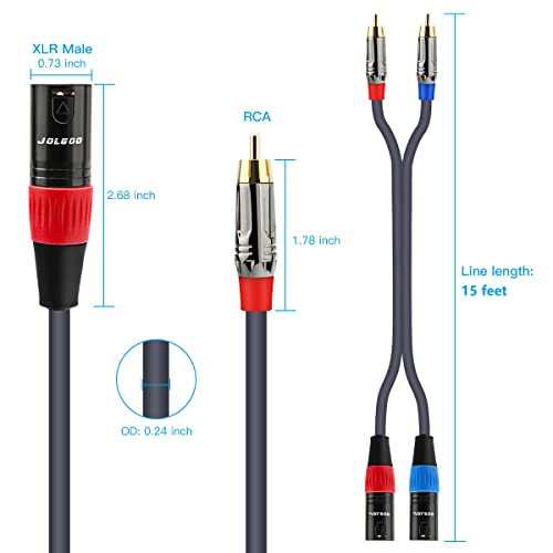 JOLGOO RCA to XLR 케이블 - 듀얼 RCA - 듀얼 XLR HiFi 오디오 케이블, 4.6m(15피트), 4N OFC 와이어, 앰프, 믹서, 마이크용 - size: 15 Feet, style: 듀얼 RCA 수 - 듀얼 XLR 수