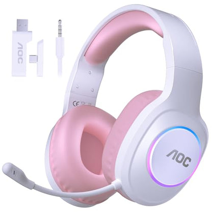 AOC PS5/4, 스위치, PC와 호환되는 무선 게이밍 헤드셋 - 핑크 | USB-C 및 블루투스 5.4 및 2.4GHz 게이밍 헤드폰, 노이즈 캔슬링 마이크, 7.1 가상 서라운드, 20ms 대기 시간, 45H, RGB - color: 핑크