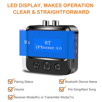 Bluetooth Transmitter Receiver for TV, with RCA 3.5mm AUX & Display Audio Adapter for Home Stereo, Bluetooth Transmitter for Headphones/Speakers/Airplane/Home Theater/PC/Car, TF Card Output