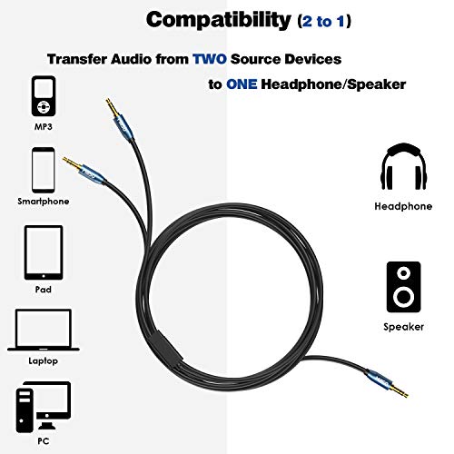 Audio Splitter 8 Feet 3.5mm Male to 2 Male Audio Splitter Cable TRS | Sapphire Blue, Gold-Plated, 1/8 Male to 2-Male Aux Headphone Splitter Cable for Smartphone, Computer, MP3, Earphone, Speakers - style: TRS Male Plug to 2 Male