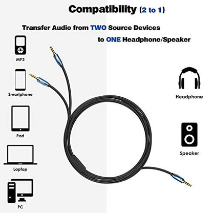Audio Splitter 8 Feet 3.5mm Male to 2 Male Audio Splitter Cable TRS | Sapphire Blue, Gold-Plated, 1/8 Male to 2-Male Aux Headphone Splitter Cable for Smartphone, Computer, MP3, Earphone, Speakers - style: TRS Male Plug to 2 Male