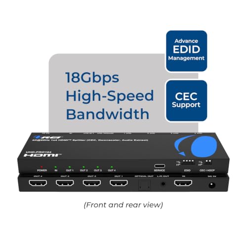 OREI 1x4 HDMI Splitter 4K 60Hz with Audio Extractor – HDMI 2.0b Splitter 1 in 4 Out with 4K to 1080p Downscaling, HDR10+, Dolby Vision, HDCP 2.3, Optical & 3.5mm Audio Out | OREI 1x4 HDMI Splitter 4K@60Hz & Audio Extractor With Downscaling, HDR10+, Dolby