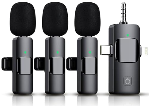 3 in 1 Wireless Lavalier Microphone for iPhone, iPad, Android, Camera,12-Hour Battery, mini Noise Reduction Recording Mic 2.4G Ultra-Low Delay, Microphone for Vlog/ TikTok/YouTube Live Stream( 3 Mic) - size: 3 MIC