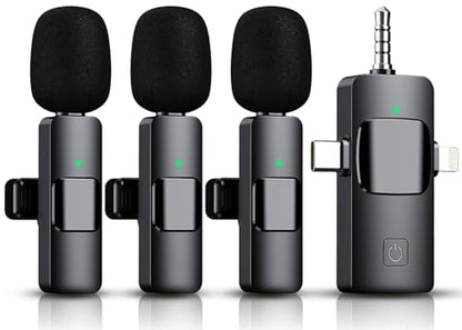 3 in 1 Wireless Lavalier Microphone for iPhone, iPad, Android, Camera,12-Hour Battery, mini Noise Reduction Recording Mic 2.4G Ultra-Low Delay, Microphone for Vlog/ TikTok/YouTube Live Stream( 3 Mic) - size: 3 MIC