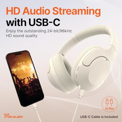 VOKALEN Hyper Pro Adaptive Active Noise Cancelling Headphones, Wireless Bluetooth Over Ear Headphones with mic, 60H Playtime, Comfort Fit Mesh Ear Cushions, Deep Bass Hi-Res Audio (Pro, Ivory White) - color: Ivory White, style: Pro