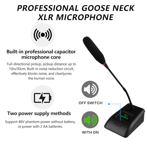 Desktop Gooseneck Conference Microphone Wired with 48V Phantom. Table Mounted Corded Condenser XLR Microphone with 26ft XLR Male to Female Cable and 6.35mm Adapter Cable for Speake, Studio, Recording