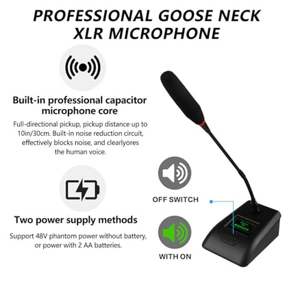 Desktop Gooseneck Conference Microphone Wired with 48V Phantom. Table Mounted Corded Condenser XLR Microphone with 26ft XLR Male to Female Cable and 6.35mm Adapter Cable for Speake, Studio, Recording