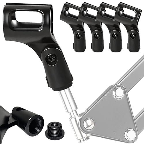 Universal Microphone Clip Holder 4 Pack, Adjustable Mic Clip Holder for Mic Stand Suitable for Handheld Microphones, Come with 5/8" Male to 3/8" Female Screw Adapter, Easy to Use (Black)