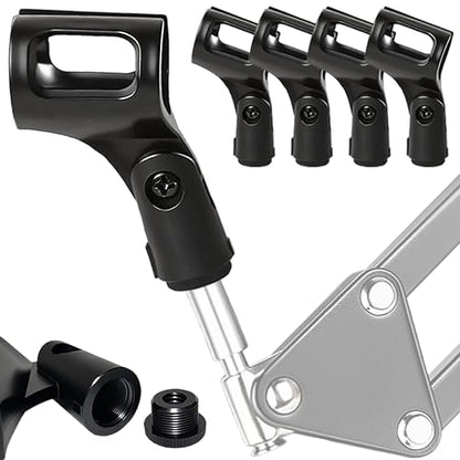 Universal Microphone Clip Holder 4 Pack, Adjustable Mic Clip Holder for Mic Stand Suitable for Handheld Microphones, Come with 5/8" Male to 3/8" Female Screw Adapter, Easy to Use (Black)