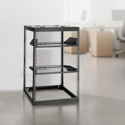 VEVOR 16U Open Frame Server Rack & Network Rack, Wall Mounted or Floor Standing, Heavy Duty 4 Post, with 2PCS Vented 1U Shelves & Mounting Hardware, Holds All 19'' Networking IT Equipment AV Gear - size: 16U Server Rack