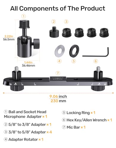Stereo Array Spacing Microphone Holder with All-Metal Mic Ball Head Adapter, Adjustable Mic Mount Bar for Two Mics/Booms with 3/8" - 5/8" Screw Adapters, Fits Mic Stands for Recording, Live Streaming﻿ - size: Stereo Mic Bar+Ball Head Adapter