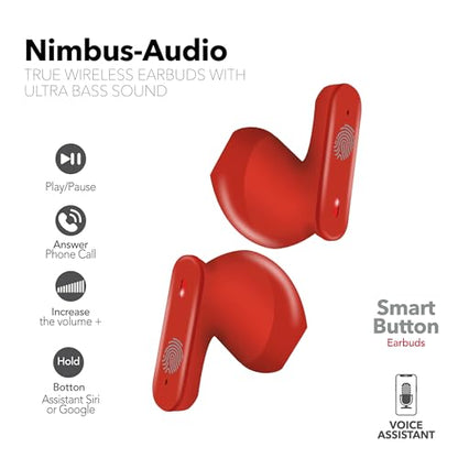 RCA Wave-78 True Wireless Earbuds, Bluetooth 5.2 Headphones with Microphone, Charging Case, 20H Playtime, Hi-Res Audio, Sweat Resistant, Compact in-Ear Design, Noise Cancelling, Red - color: Red