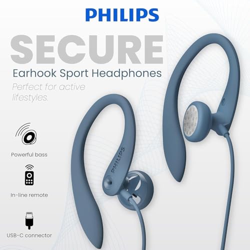 Philips USB-C Wired Earbuds with Microphone, Secure Fit Over-Ear Sport Earhooks, Deep Bass 15mm Drivers, in-Line Controls, Plug-and-Play USB-C Earphones, Wired Open Ear Headphones for Running & Gym - color: Blue, style: USB-C WITH MIC