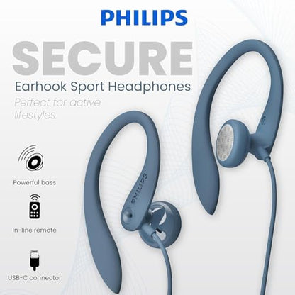 Philips USB-C Wired Earbuds with Microphone, Secure Fit Over-Ear Sport Earhooks, Deep Bass 15mm Drivers, in-Line Controls, Plug-and-Play USB-C Earphones, Wired Open Ear Headphones for Running & Gym - color: Blue, style: USB-C WITH MIC