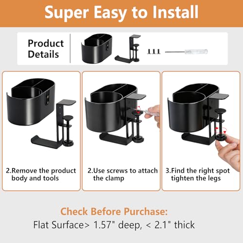 4 in 1 Desk Cup Holder, Clamp On Drink Holder with Headphone Hanger | Anti-Spill Clip on Desk Organizer for Pen Phone Mug, Gaming Office Desk Accessories fits Most Desks - color: Black-2 with Headphone Hanger