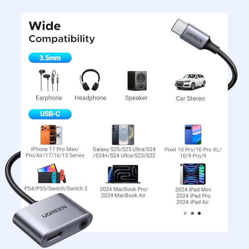 UGREEN USB C to 3.5mm Audio and Charger Adapter 2 in 1 | 24bit/96kHz,Type C to Aux Headphone Jack with PD 60W Charging Dongle for Earbuds Compatible with iPhone Galaxy iPad Switch 2