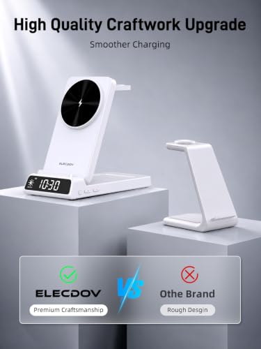 3 in 1 Charging Station for Apple, Travel Wireless Charger with Clock | ELECDOV Magnetic Charger for iPhone, Foldable Watch Charger Stand for iPhone 17/Air/16/15 Series, iWatch 10/AirPods 4 (White) - color: white