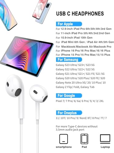 USB C Headphones for iPhone 17,16,15, 2 Pack Type C wired earphones Earbuds with Microphone & Remote Noise Cancelling in Ear Headset Control with iPhone 17,16,15 Air, iPad Pro, Pixel, Galaxy S24