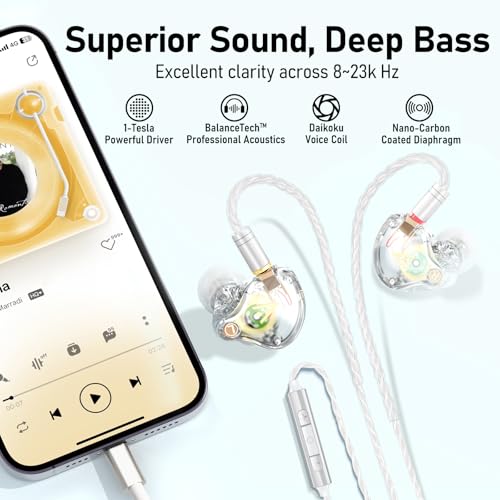 Audiovance Vibes 202ML HiFi 유선 이어버드, 아이폰 14/13/12/11/X, 프로 맥스용 | 마이크가 있는 인이어 헤드폰, 선명한 사운드, 딥 베이스, 소음 차단 이어버드, 실버 도금 코드, 편안한 핏, 케이스 - color: 2-투명