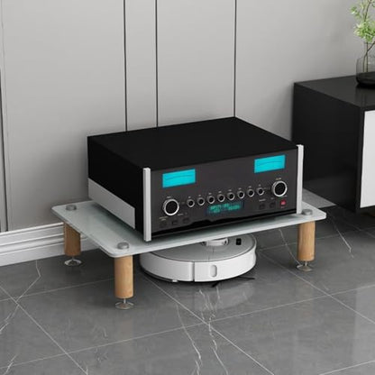 Audio Component Rack, Stereo Rack with 8mm Tempered Glass Shelves, Solid Wood Columns & Anti-Vibration Metal Feet for Power Amplifier, Stereo Receiver, Turntable & AV Equipment(White,1 Tier) - color: White, size: 1 Tier